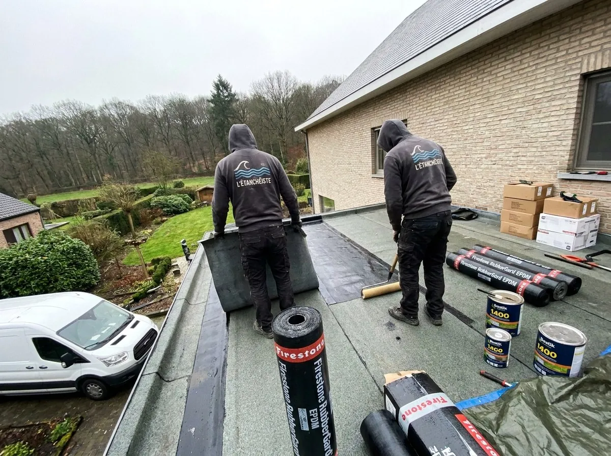 Deux étancheurs de L'Étanchéiste posent une membrane EPDM Firestone sur le toit plat d'une maison à Rhode-Saint-Genèse, en bordure de bois